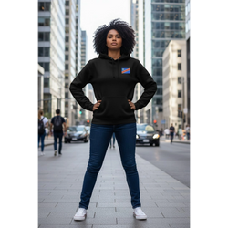K&ChildrenBusiness black cotton-polyester blend hooded sweatshirt with a graphic print featuring a mother and child with the text "Maman Ya Congo is a Legend".