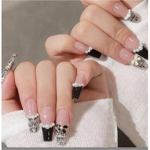 24 PCS Black And White CC Nail Art, Long Length Long Water Pipe Fake Nails,Square Head Nail Tips False Nail