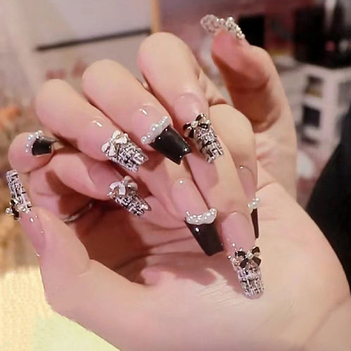 24 PCS Black And White CC Nail Art, Long Length Long Water Pipe Fake Nails,Square Head Nail Tips False Nail