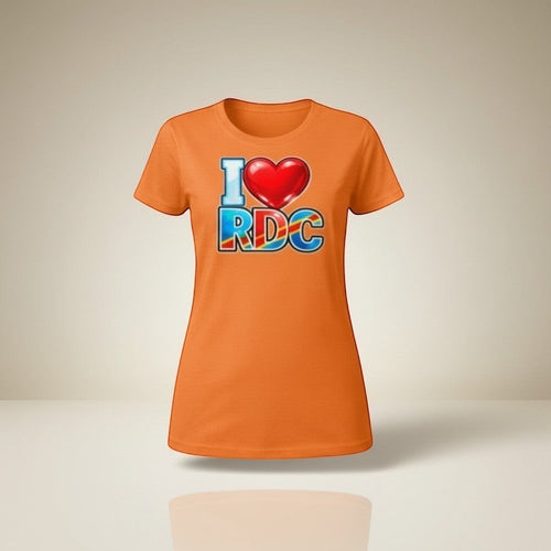 K&ChildrenBusiness orange I Love RDC t-shirt with a vibrant heart graphic celebrating Congolese heritage.