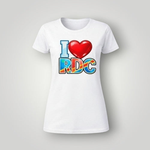 K&ChildrenBusiness white unisex t-shirt featuring a vibrant I Love RDC graphic with a red heart and Congolese flag