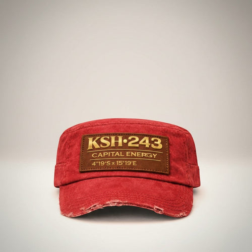 K&ChildrenBusiness distressed red military cap with leather patch featuring KSH-243 and coordinates.