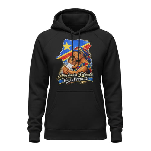 K&ChildrenBusiness black cotton-polyester blend hooded sweatshirt with a graphic of a mother holding a baby within the map of Congo.