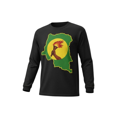 K&ChildrenBusiness black long sleeve t-shirt featuring a green outline of Congo with a yellow circle containing a hand holding a flaming torch.