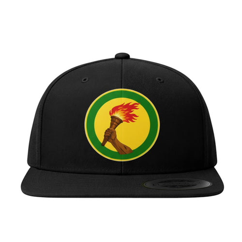 K&ChildrenBusiness black cotton blend baseball cap with a circular emblem featuring a hand holding a flaming torch.