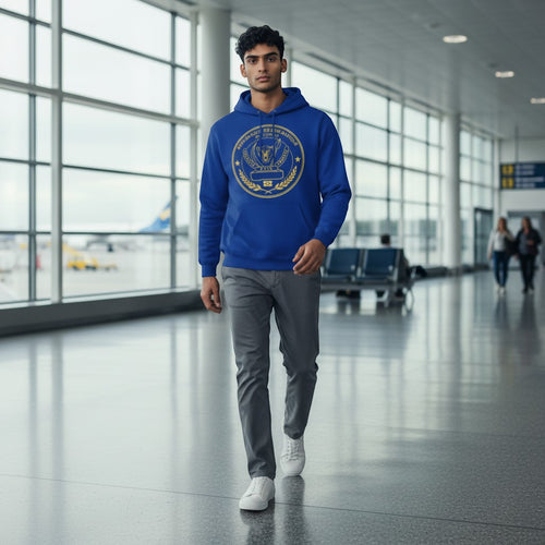 K&ChildrenBusiness blue hooded sweatshirt with Congo emblem featuring a leopard, spear, and laurel wreath. Made from 80/20 cotton/polyester blend.