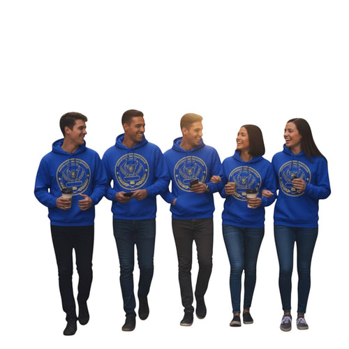 K&ChildrenBusiness blue hooded sweatshirt with Congo emblem. 80/20 cotton/polyester blend, classic fit, pouch pocket.