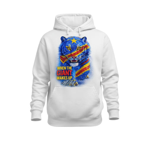 K&ChildrenBusiness white hooded sweatshirt with a blue tiger graphic inspired by the Congo flag. Features text 'WHEN THE GIANT WAKES UP'.