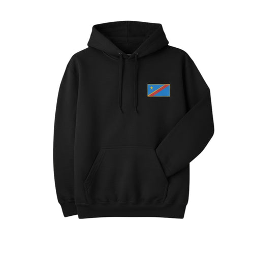 K&ChildrenBusiness navy blue hooded sweatshirt with a leopard graphic and Congo flag elements. Features text "When the Giant Wakes Up".