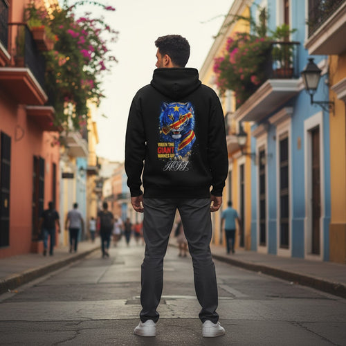 K&ChildrenBusiness navy blue hooded sweatshirt with a leopard graphic and Congo flag elements. Features text "WHEN THE GIANT WAKES UP".