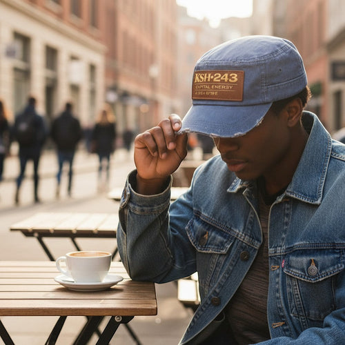 K&ChildrenBusiness distressed blue military cap with brown leather patch featuring gold text and coordinates.
