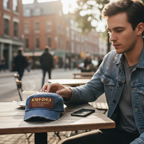K&ChildrenBusiness distressed blue denim military cap with brown leather patch featuring gold text.