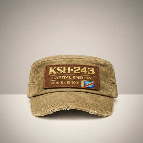 K&ChildrenBusiness distressed tan military cap with leather patch featuring KSH-243, Capital Energy, coordinates, and the flag of the Democratic Republic of Congo.