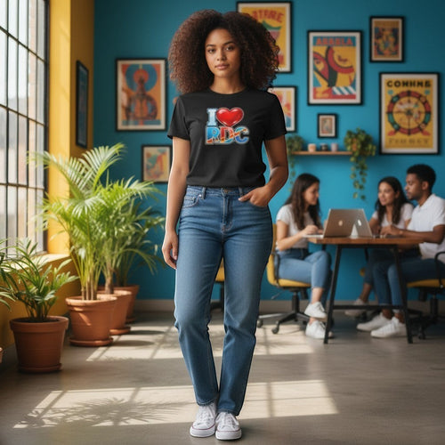 K&ChildrenBusiness black t-shirt with "I Love RDC" graphic print featuring a red heart and blue letters with Congolese flag colors.