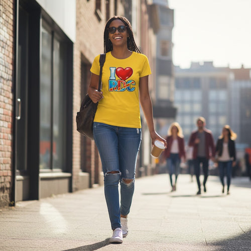 K&ChildrenBusiness yellow t-shirt with red heart and blue/yellow/red RDC graphic print. Unisex fit.