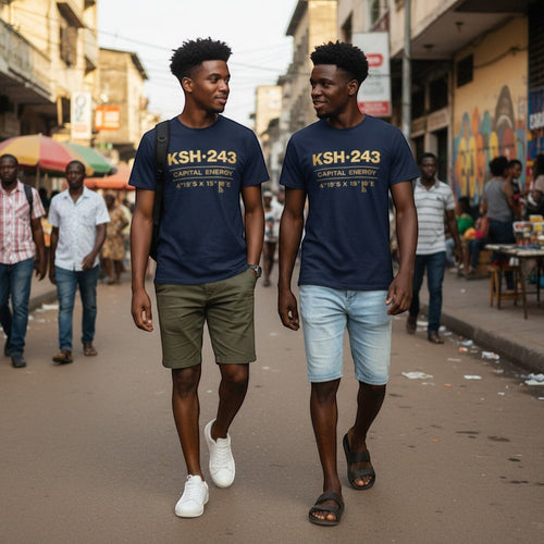 K&ChildrenBusiness navy blue short sleeve t-shirt with gold 'KSH-243 CAPITAL ENERGY' graphic and coordinates.