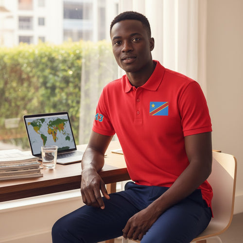 K&ChildrenBusiness red 100% polyester polo shirt with DRC flag on chest and 243 on sleeve.