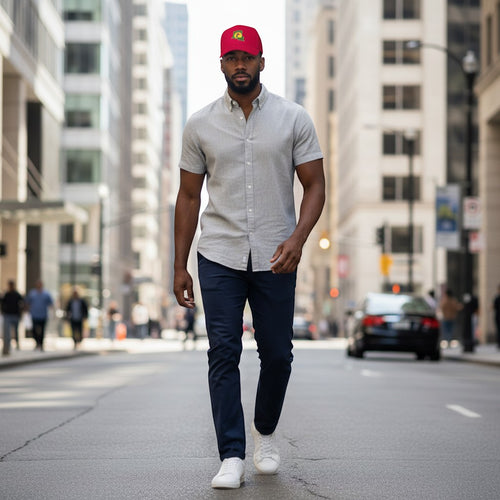 K&ChildrenBusiness red cotton blend baseball cap featuring the flag of Zaire/Congo with a torch emblem.