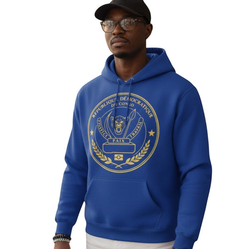 K&ChildrenBusiness royal blue hooded sweatshirt with Congo emblem graphic. Cotton blend fleece with pouch pocket.