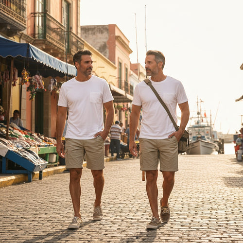 K&ChildrenBusiness men's tan cotton-blend fishing shorts with a beer can pocket and elastic waistband.