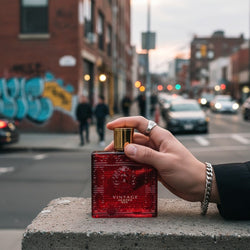 K&ChildrenBusiness Vintage Heroes Red Eau de Parfum for Men, 100ml. Rich red glass bottle with ornate detailing and gold cap.