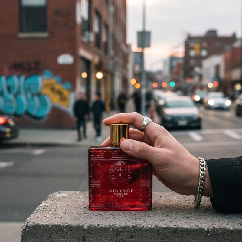 K&ChildrenBusiness Vintage Heroes Red Eau de Parfum for Men, 100ml. Rich red glass bottle with ornate detailing and gold cap.
