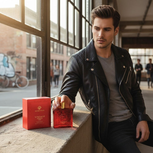 K&ChildrenBusiness Vintage Heroes Red Eau de Parfum for Men, 100ml. Red glass bottle with gold cap and intricate embossed design.