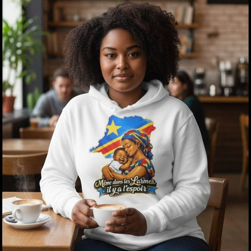 K&ChildrenBusiness white hooded sweatshirt with Congo flag map graphic of mother holding baby, 50/50 cotton-polyester blend.