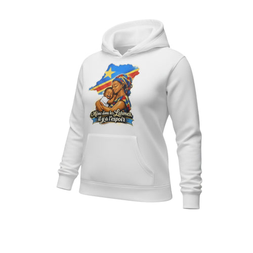 K&ChildrenBusiness white cotton-polyester blend hooded sweatshirt featuring a graphic of a mother holding a baby with the flag of the Democratic Republic of Congo.