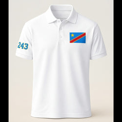 K&ChildrenBusiness white 100% polyester polo shirt with Congo flag on chest and 243 on sleeve.