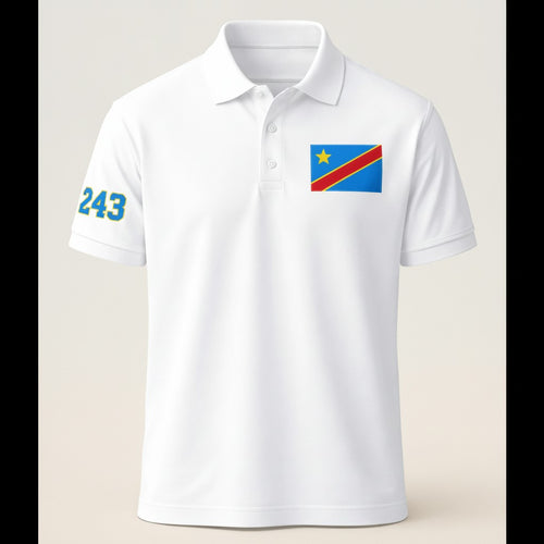 K&ChildrenBusiness white 100% polyester polo shirt with Congo flag on chest and 243 on sleeve.