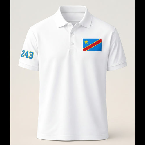 K&ChildrenBusiness white 100% polyester polo shirt with Congo flag on chest and 243 on sleeve.