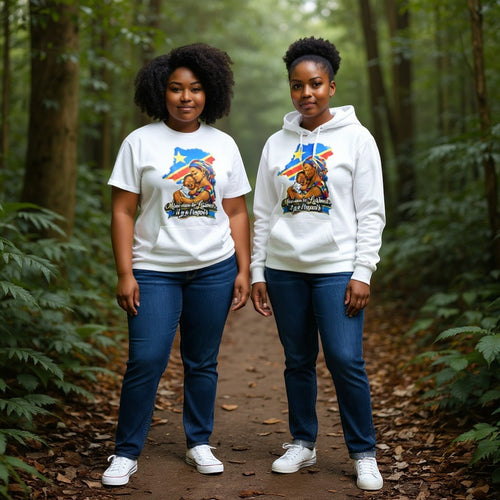 K&ChildrenBusiness white hooded sweatshirt with a graphic of the Democratic Republic of Congo map, a mother holding her baby, and French text.