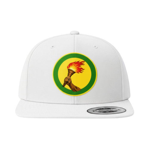 K&ChildrenBusiness white cotton blend baseball cap with a circular emblem featuring a hand holding a flaming torch.