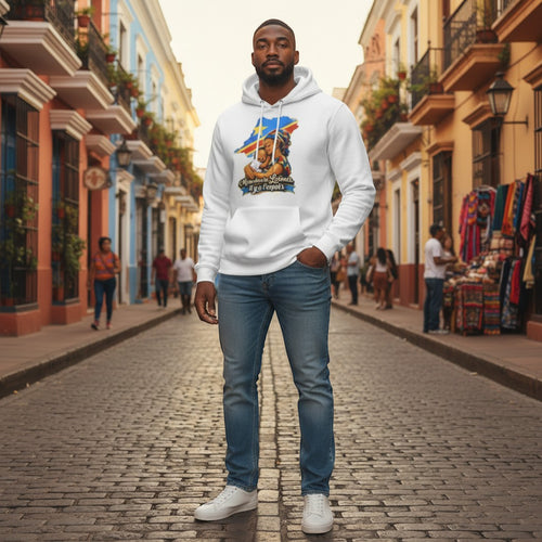 K&ChildrenBusiness white hooded sweatshirt with a graphic of a mother holding a baby, overlaid on the map of the Democratic Republic of Congo with its flag.