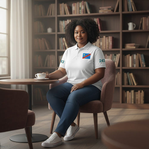 K&ChildrenBusiness white 100% polyester polo shirt with DRC flag on chest and 243 on sleeve.