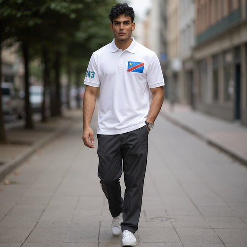 K&ChildrenBusiness white 100% polyester polo shirt with DRC flag on chest and 243 on sleeve.