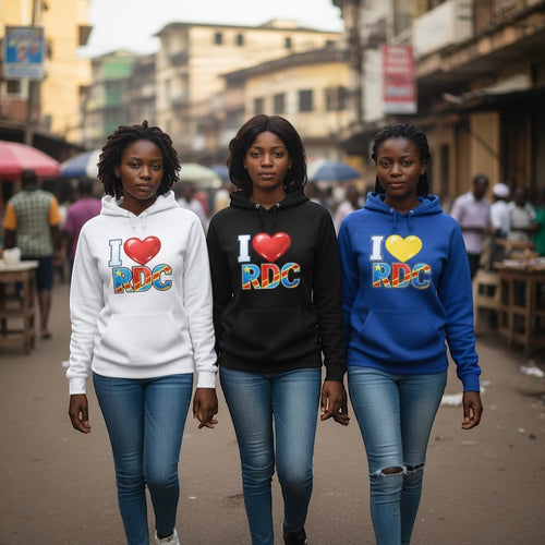 K&ChildrenBusiness white cotton-blend hoodie with "I love RDC" graphic featuring a red heart and the Democratic Republic of Congo flag.