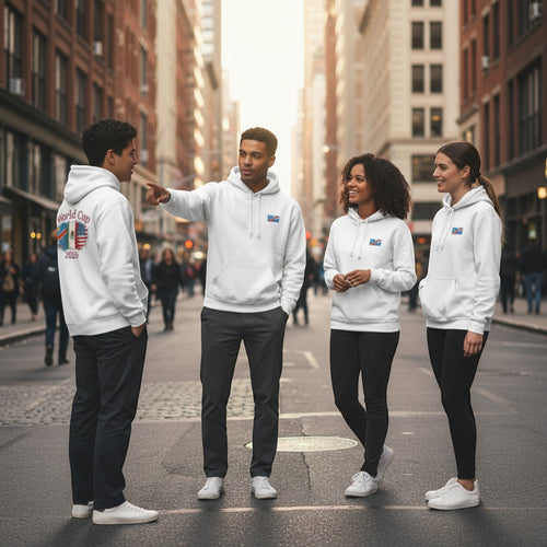 K&ChildrenBusiness white cotton blend hooded sweatshirt with World Cup 2026 graphic featuring flags of Congo, Mexico, and USA.