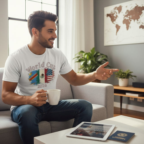 K&ChildrenBusiness white 60/40 cotton/polyester t-shirt with World Cup 2026 graphic featuring flags of DR Congo, Mexico, and USA.