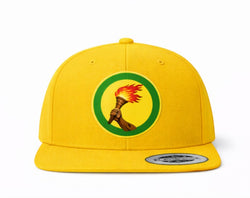 K&ChildrenBusiness red cotton blend baseball cap featuring the flag of Zaire/Congo with a torch emblem.
