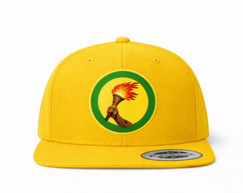 K&ChildrenBusiness yellow cotton blend baseball cap with a circular emblem featuring a hand holding a flaming torch.