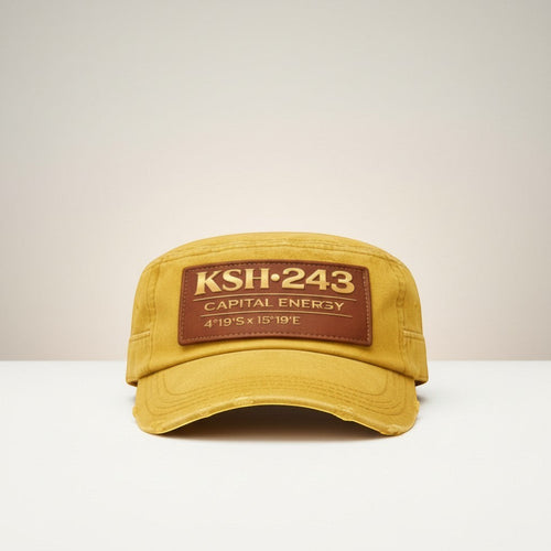 K&ChildrenBusiness yellow distressed military cap with brown leather patch featuring KSH-243 and coordinates.