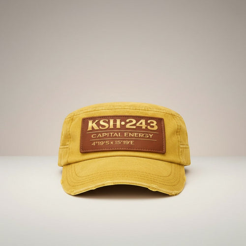 K&ChildrenBusiness yellow distressed military cap with brown leather patch featuring KSH-243 and CAPITAL ENERGY text.