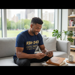 K&ChildrenBusinessHere navy blue short sleeve t-shirt with gold 'KSH-243 CAPITAL ENERGY' graphic and coordinates.