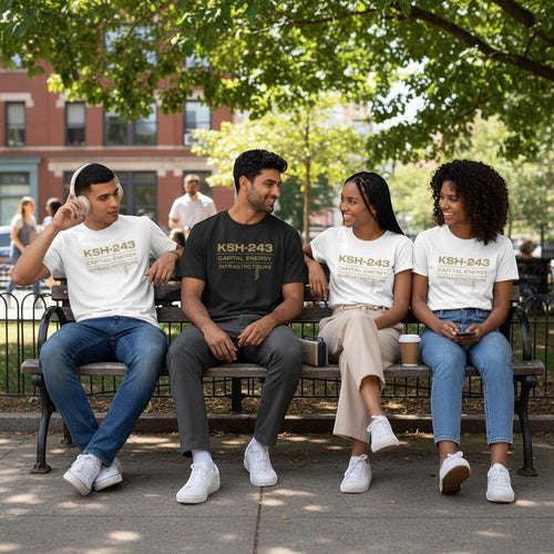 K&ChildrenBusinessHere white short sleeve t-shirt with gold text KSH-243 CAPITAL ENERGY INFRASTRUCTTURE.